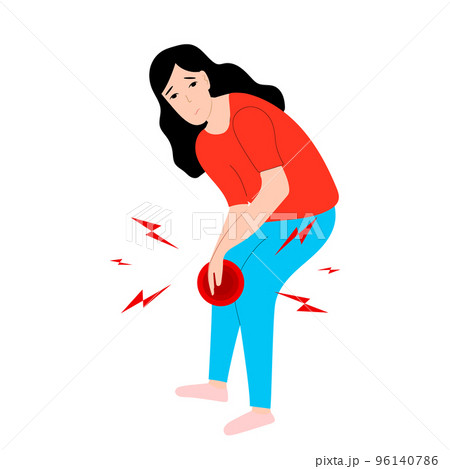 Asian woman with knee pain symptom in flat design on white background. Female feel tired her legs and knees concept vector illustration. 96140786