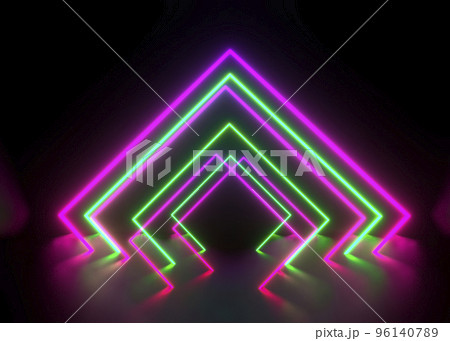 3d render, ultraviolet neon triangular portal, glowing lines, tunnel, corridor, virtual reality, abstract fashion background, violet, white and blue neon lights. 96140789