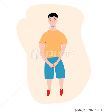Urinary incontinence problem. Asian boy hands holding his crotch, male gender want to pee all the time. Vector illustration. 96140919