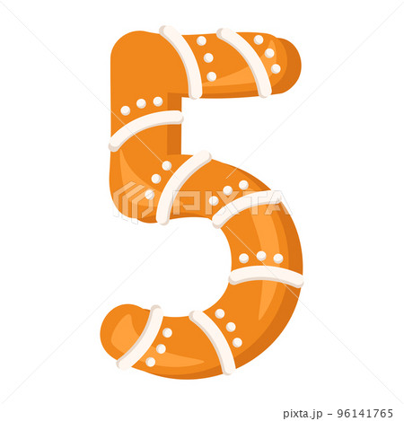 Number five made from glazed gingerbread. Festive font, symbol of Happy New Year and Christmas, sign and numeral of different shapes. Vector flat illustration Number five made from glazed gingerbread. Festive font, symbol of Happy New Year and Christmas, sign and numeral of different shapes. Vector flat illustration 96141765