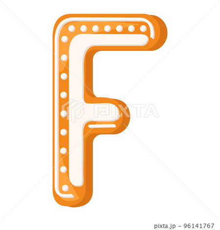 Letter F made from glazed gingerbread. Festive font, symbol of Happy New Year and Christmas, sign and letters of different shapes. Vector flat illustration 96141767