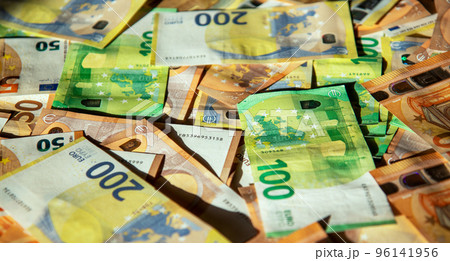Euro cash banknotes of different denominations close-up texture  96141956