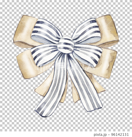 Modern bow for christmas gift isolated on white. Hand drawn watercolor illustration of silk ribbon with stripes. Element for new year decoration. Textile knot for wrapping and packaging. 96142131