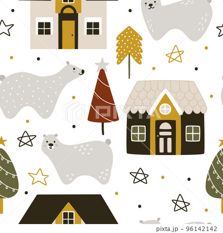 Winter bears with trees and houses on a white background 96142142