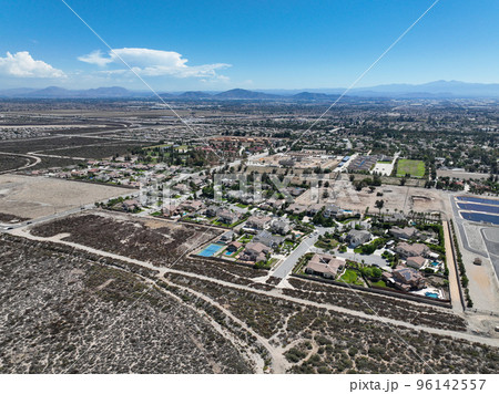 Aerial view of Rancho Cucamonga, located south of the foothills of the San Gabriel Mountains and Angeles National Forest Aerial view of Rancho Cucamonga, located south of the foothills of the San Gabriel Mountains and Angeles National Forest 96142557