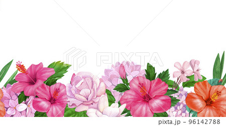 Watercolor greeting card with flowers, hibiscus and hydrangea seamless border. Can be used as invitation card for wedding, birthday and other holiday and summer background Watercolor greeting card with flowers, hibiscus and hydrangea seamless border. Can be used as invitation card for wedding, birthday and other holiday and summer background 96142788