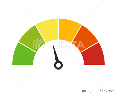 Vector speedometer meter with arrow for dashboard with green, yellow, orange and red indicators. Gauge of tachometer. Low, medium, high and risk levels. Bitcoin fear and greed index cryptocurrency 96142957