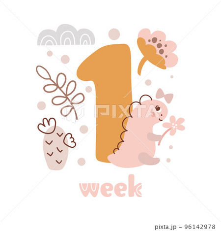 1 week Baby girl anniversary card newborn metrics. Baby shower print with cute animal dino, flowers and cactus capturing all special moments. Baby milestone card for newborn 96142978