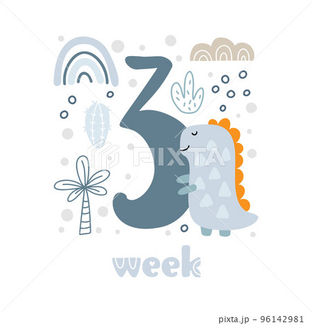 3 three week Baby boy anniversary card newborn metrics. Baby shower print with cute animal dino, flowers and palm capturing all special moments. Baby milestone card for newborn 96142981