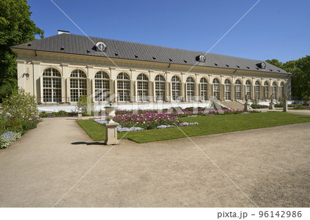 Garden and old orangery in baths park in Warsaw city of Poland 96142986