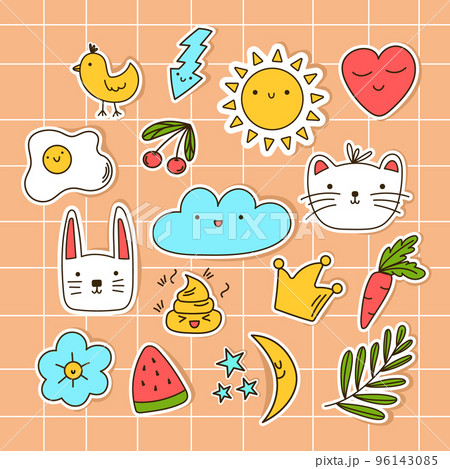 Set kawaii stickers. Cartoon elements for scrapbooking. Vector doodle stickers on a colored background 96143085