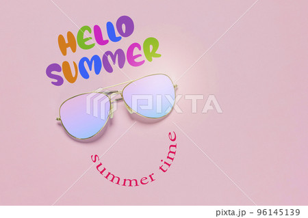 sunglasses with the words hello summer written on it and an image of a smiley face made out of rainbow colored glasses 96145139