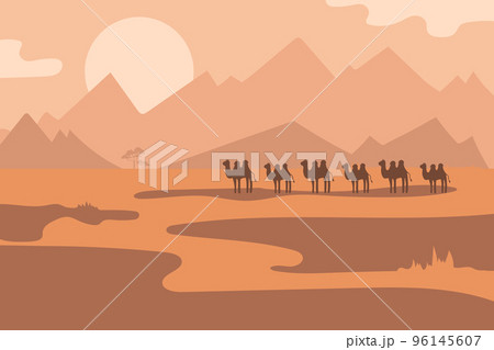 Desert horizontal poster with camels cartoon characters in the savannah 96145607