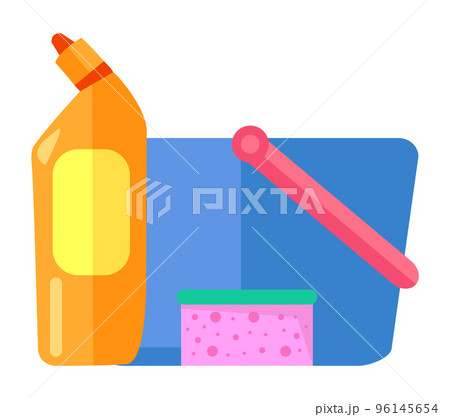 Plastic blue bucket, bottle with toilet cleaner, sponge, equipment or tools for cleaning, washing Plastic blue bucket, bottle with toilet cleaner, sponge, equipment or tools for cleaning, washing 96145654