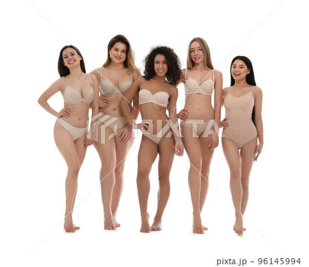 Group of women with different body types in underwear on white background 96145994
