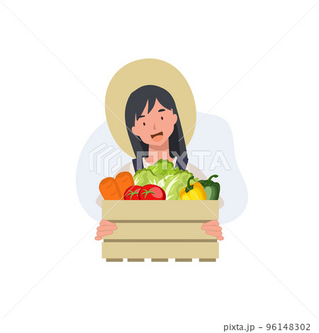 Female farmer holding a box of assorted set of vegetables. Flat vector cartoon character illustration. 96148302