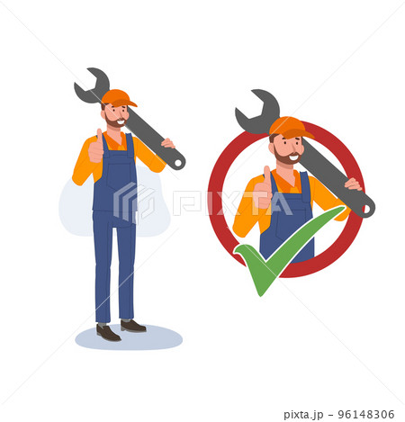 Mechanic service approval. Good fixing service concept. Flat vector cartoon character illustration. Mechanic service approval. Good fixing service concept. Flat vector cartoon character illustration. 96148306