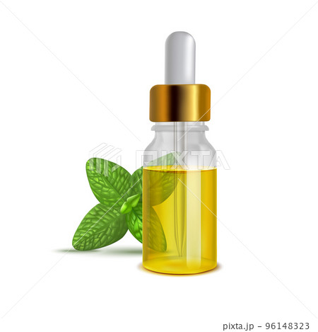 Oregano Oil Bottle with Leaves in Realistic Style 96148323