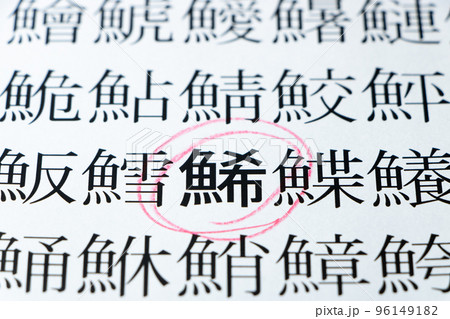 魚偏の漢字が多数並んだ紙の「鯑」(かずのこ)を中心としたアップ。 魚偏の漢字が多数並んだ紙の「鯑」(かずのこ)を中心としたアップ。 96149182