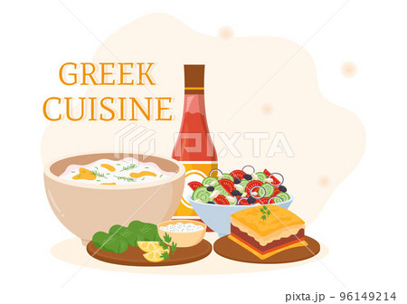 Greek Cuisine Restaurant Set Menu Delicious Dishes Traditional or National Food in Flat Cartoon Hand Drawn Template Illustration Greek Cuisine Restaurant Set Menu Delicious Dishes Traditional or National Food in Flat Cartoon Hand Drawn Template Illustration 96149214