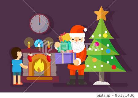 Santa gives gifts to little boy at Christmas tree 96151430