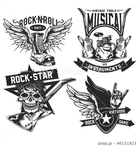 Set of rock elements (skull, boot, drums, wings, guitar, picks) emblems, labels, badges, logos. Isolated on white Set of rock elements (skull, boot, drums, wings, guitar, picks) emblems, labels, badges, logos. Isolated on white 96151923