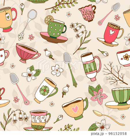 Seamless background of tea cups and spoons 96152058