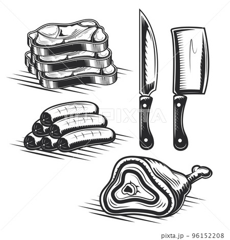 Set of butcher's elements for creating your own badges, logos, labels, posters etc. Isolated on white. Set of butcher's elements for creating your own badges, logos, labels, posters etc. Isolated on white. 96152208