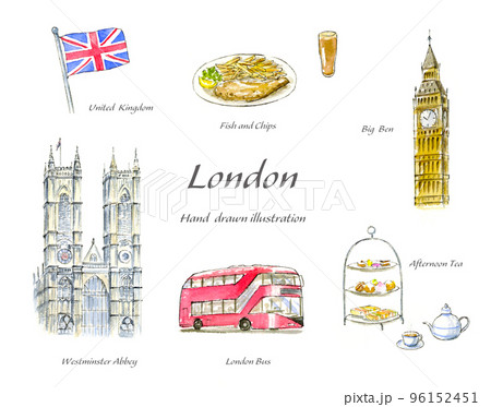 ロンドンの手描き水彩イラストセット 96152451