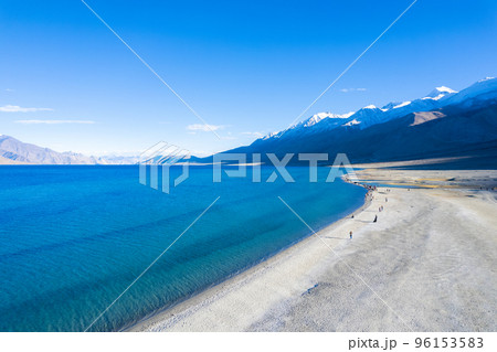 Aerial landscape of Pangong Lake and mountains with clear blue sky, it's a highest saline water lake in Himalayas range, landmarks and popular for tourist attractions in Leh, Ladakh, India, Asia 96153583