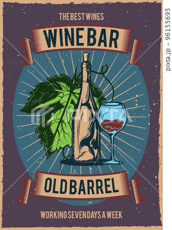 T-shirt or poster design with illustraion of a bottle of wine and a glass. 96155695