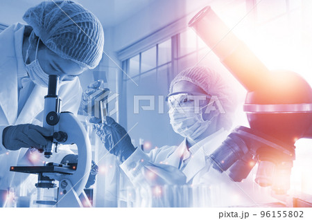 Double exposure Young woman scientific using equipment in the laboratory for research. 96155802