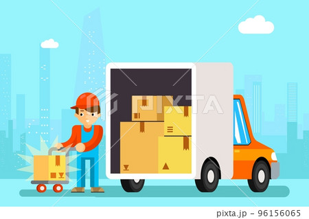 Delivery man unload delivery car boxes 96156065