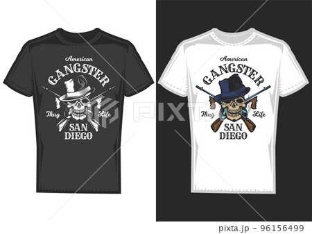 T-shirt design samples with illustration of a skull with guns. 96156499