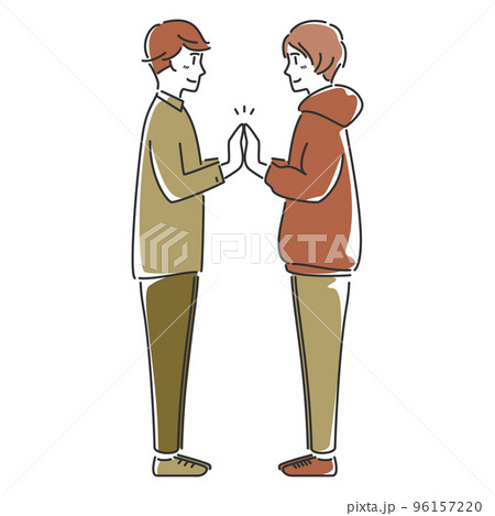 向かい合わせで手を合わせる男性2人のラインアート 96157220