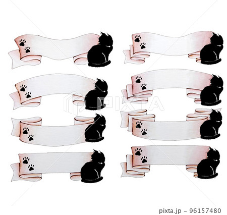 猫のピンクのリボンフレーム　セット　手描き 96157480