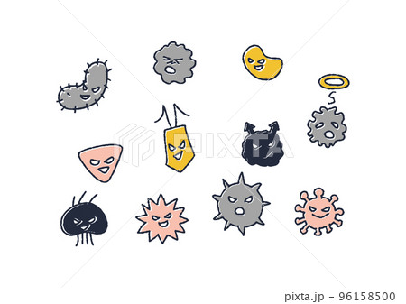 いろいろな表情の黄色のかわいいばい菌やウイルスのイラスト いろいろな表情の黄色のかわいいばい菌やウイルスのイラスト 96158500