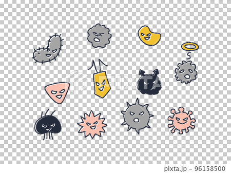 各種表情的可愛黃色細菌和病毒的插圖 各種表情的可愛黃色細菌和病毒的插圖 96158500