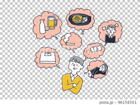 生活習慣病予備軍の男性が自分の生活について思い浮かべるイラスト 生活習慣病予備軍の男性が自分の生活について思い浮かべるイラスト 96158501