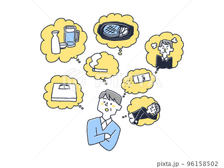 生活習慣病予備軍の男性が自分の生活について思い浮かべるイラスト 96158502