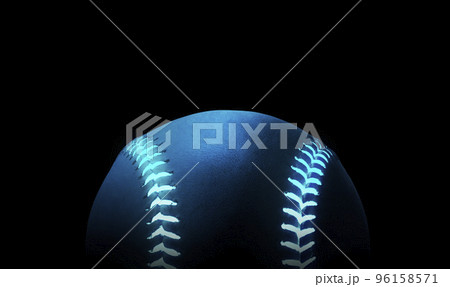 3D rendering of single black baseball ball with bright blue glowing neon lines 96158571