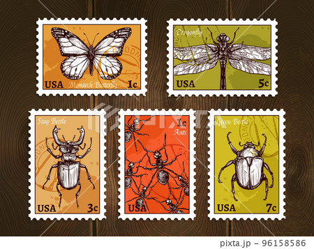 Postage Stamps With Insects Sketch 96158586