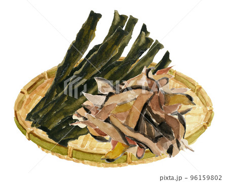 水彩で描いたザルに盛った昆布と削り節のイラスト 白バック 96159802