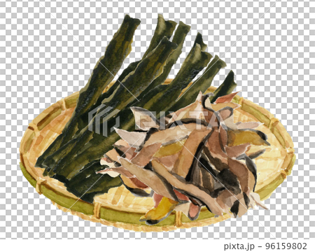 Illustration of kelp and shavings in a colander drawn by watercolor White back 96159802