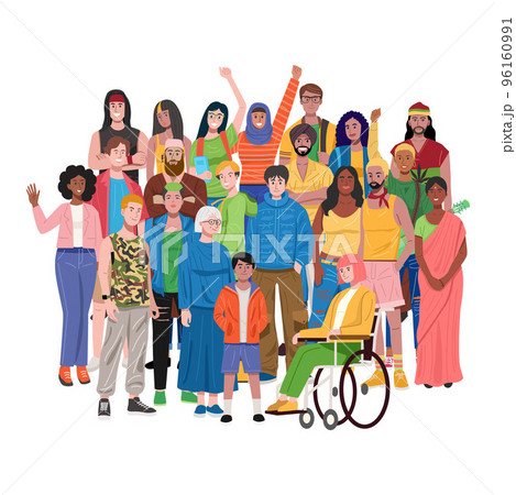 Illustration of group of multiethnic diverse people standing. 96160991