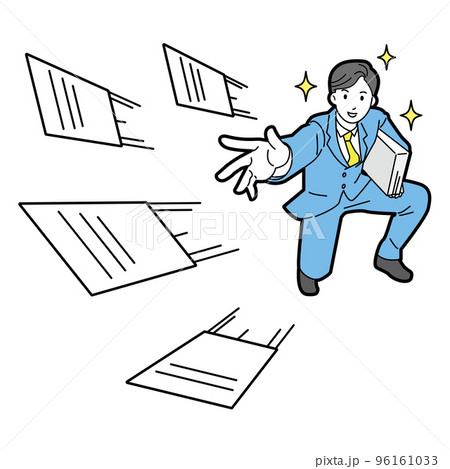 スーツ姿の男性がプレスリリース書類を撒く　線あり 96161033