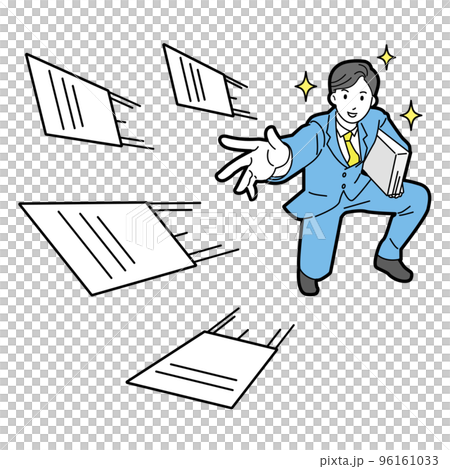 スーツ姿の男性がプレスリリース書類を撒く　線あり 96161033