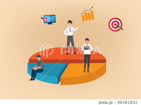 Businessman standing on a large pie chart showing share, shareholding and equity interests. Vector illustration. Businessman standing on a large pie chart showing share, shareholding and equity interests. Vector illustration. 96161832