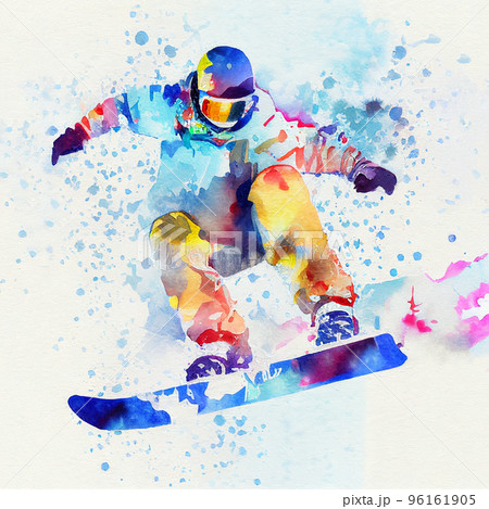 Jumping snowboarder. Watercolor illustration of a man on a snowboard. Snowboarding 96161905
