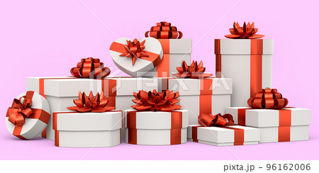 Gift boxes with ribbon and bow isolated on pink background. greeting design 96162006